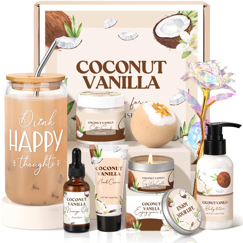 Spa Gift Baskets for Women Vanilla Coconut Bath and Body Gifts Set for Women Home Spa Self Care Gift Relaxing Bath Set for Mom Wife Sister Friends Sister Girlfriend Mothers Day Thank You Gifts